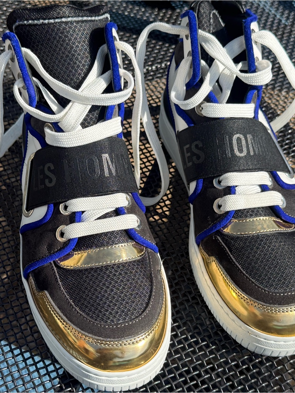 Les Hommes Black and Gold Low-Top Sneakers with Blue Trim